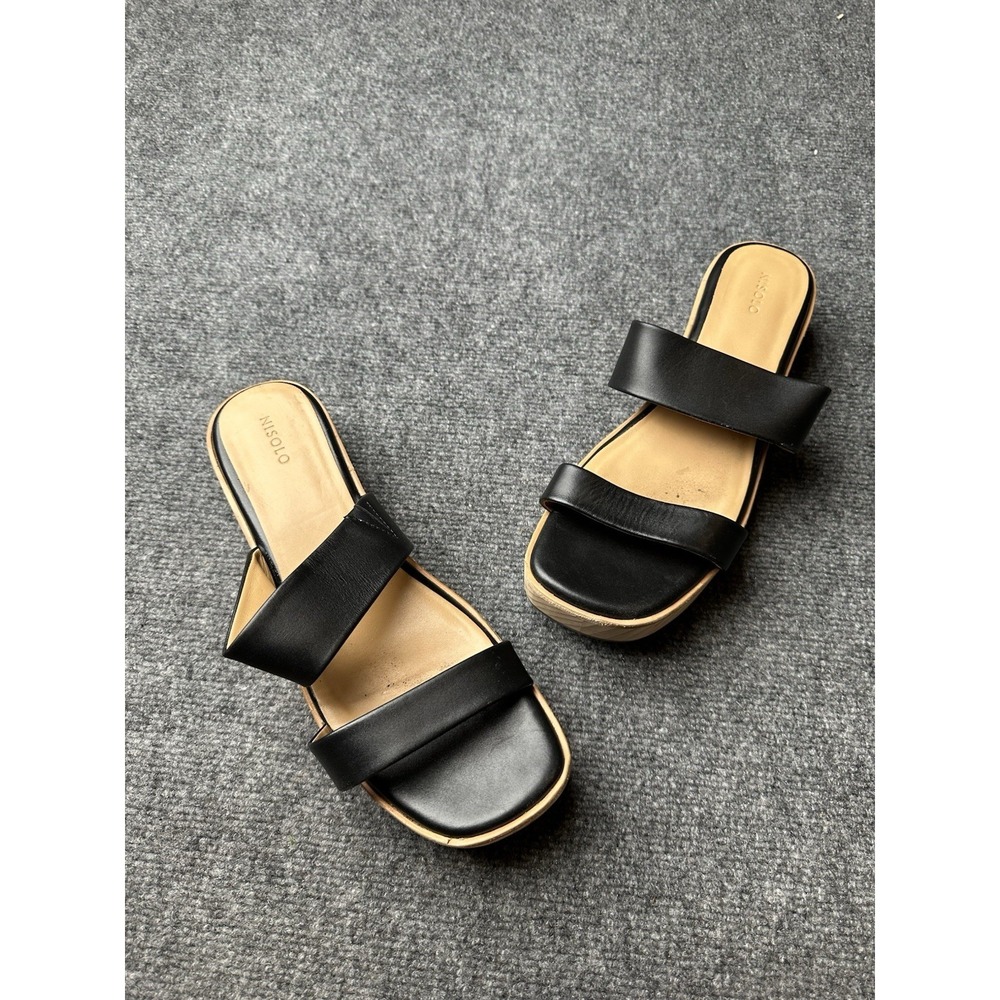Womens Sandals Nisolo Double Strap Wood Bottom Heels Black, Size US 11